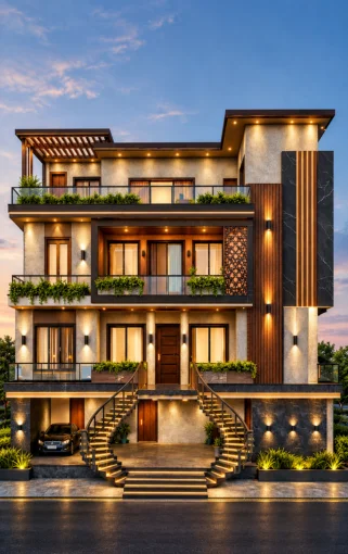 Modern duplex house elevation designed by buildAhome in Bangalore